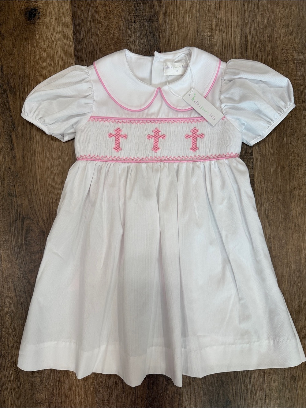Eliza James Kids,White Smocked Baby Dress with Pink Cross Smocking